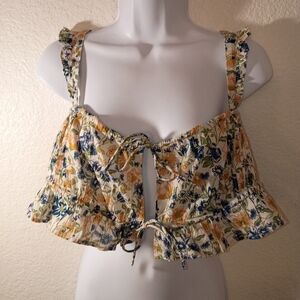 Anthropologie Floral Ruffle Strap Tie Front Top sz XL